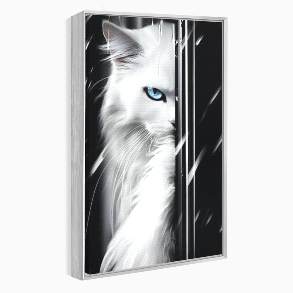 Tablou canvas cu tablou canvas cu pisica alba si ochi albastri, in rama de aluminiu argintiu